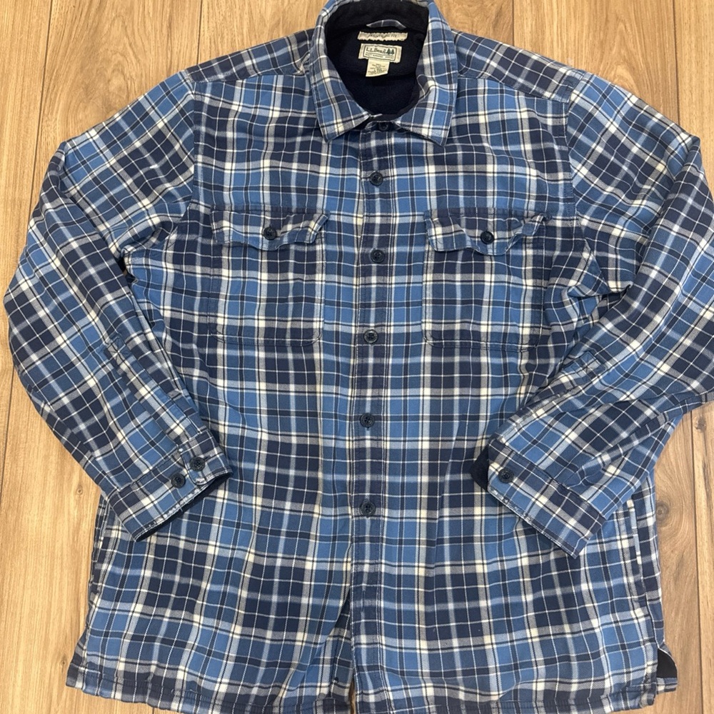 LL Bean Mens Large Blue Plaid Fleece Lined Flannel Shirt Jacket Heavy Shacket